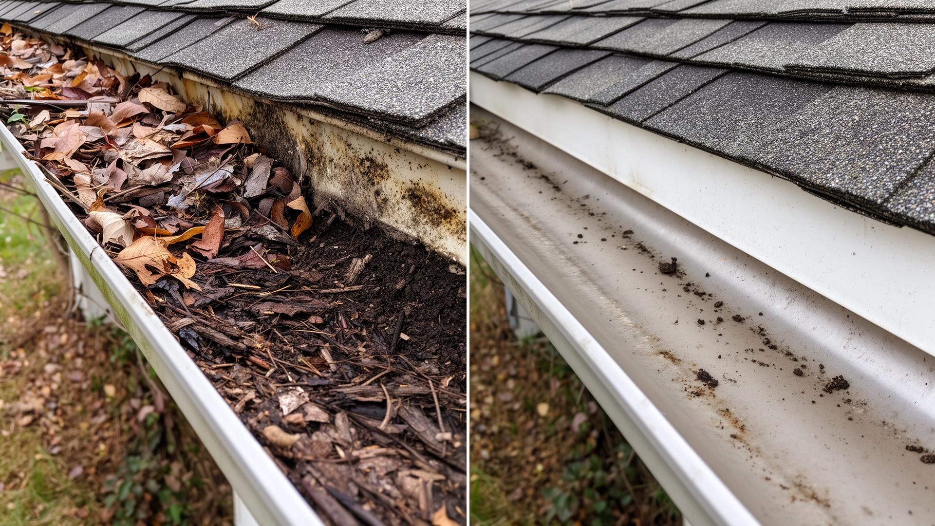 Side-by-side before and after gutter cleaning result