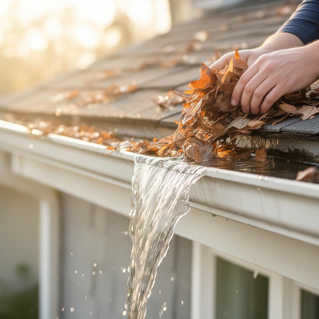 Close-up of gutter cleaning tool with water